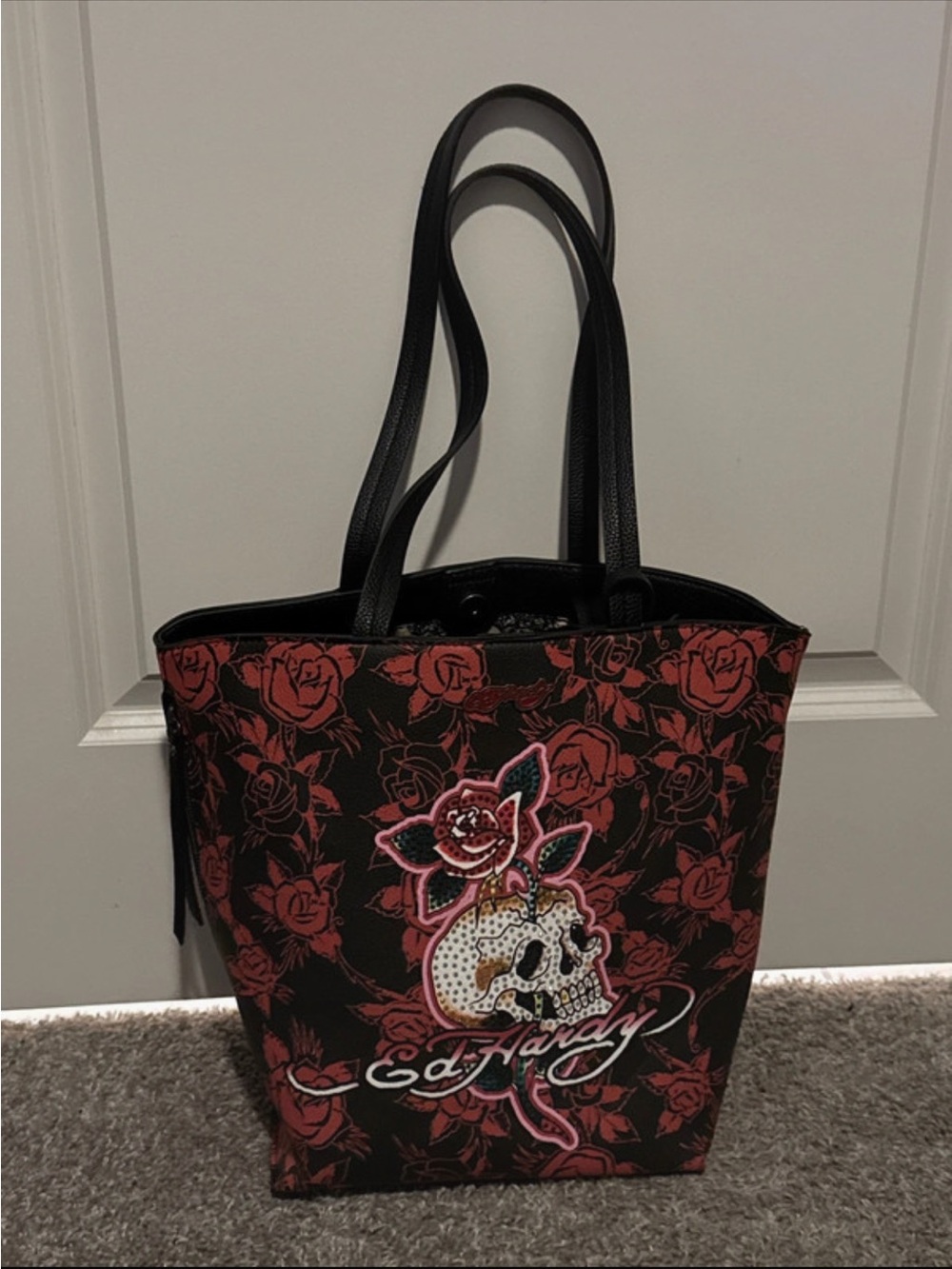 Ed Hardy Black and Red Rose Skull Tote with Embroidered Skull